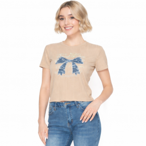 Camiseta Corta Acanalada con Moño de Mezclilla – Paquete de 12 Piezas | Unitalla | Colores Surtidos