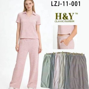 Conjunto Casual Rayado para Mujer Playera Tipo Polo + Pantalón Modelo LZJ-11-001 – Colores Surtidos | Unitalla Paquete de 12pz